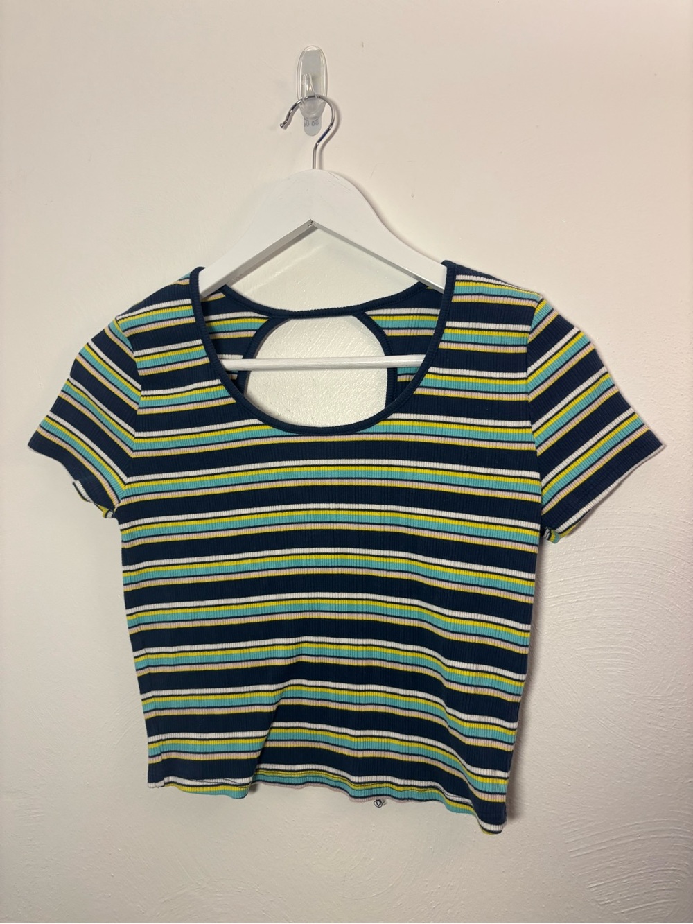 SO Striped Ribbed Scoop Crop Top in Navy, Yellow & Green Size Large